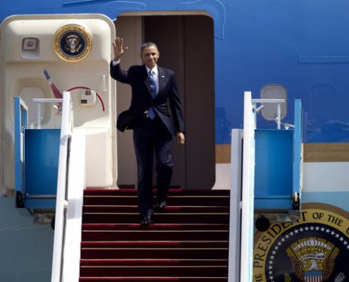 US President Barack Obama waves as he arrives at the Ben Gurion airport near Tel Aviv, Israel, Wednesday.