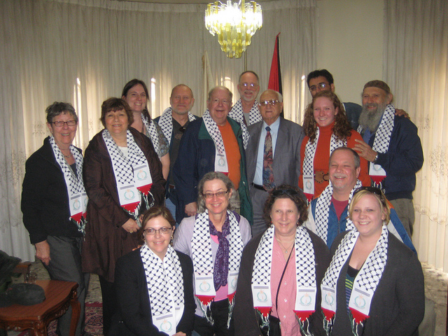 An American group meets with Victor Batarseh, mayor of Bethlehem.
