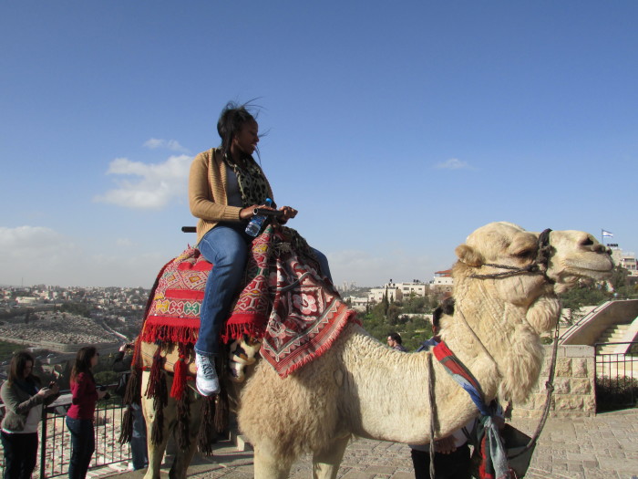 Shannon Kendrick on a camel at the Mount of Olives.